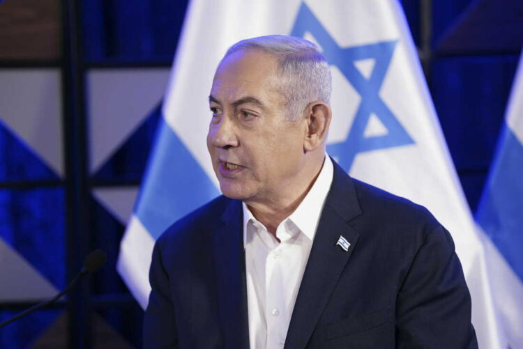 Israeli Prime Minister Benjamin Netanyahu speaks as he meets with President Joe Biden, Wednesday, Oct. 18, 2023, in Tel Aviv. (AP Photo/Evan Vucci)