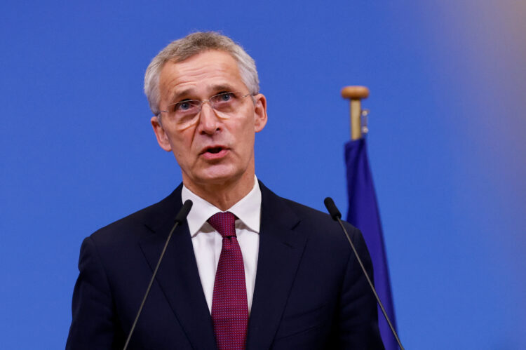 NATO Secretary General Jens Stoltenberg attends a news conference with Ukrainian Minister for Foreign Affairs Dmytro Kuleba (not pictured) and European High Representative of the Union for Foreign Affairs Josep Borrell (not pictured) at the Alliance's headquarters in Brussels, Belgium, February 21, 2023. REUTERS/Johanna Geron