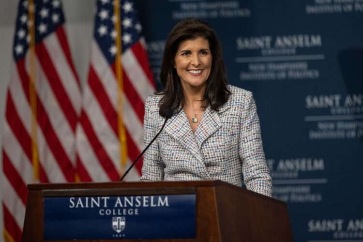 MANCHESTER, NEW HAMPSHIRE - SEPTEMBER 22: Republican presidential candidate, former U.N. Ambassador Nikki Haley delivers a speech on her economic policy at the New England Institute of Politics at Saint Anselm College on September 22, 2023 in Manchester, New Hampshire. Ahead of the second Republican presidential debate, Haley rolled out her economic proposal which included cutting middle-class taxes, tackling inflation and national debt, and reducing federal government control. (Photo by Scott Eisen/Getty Images)