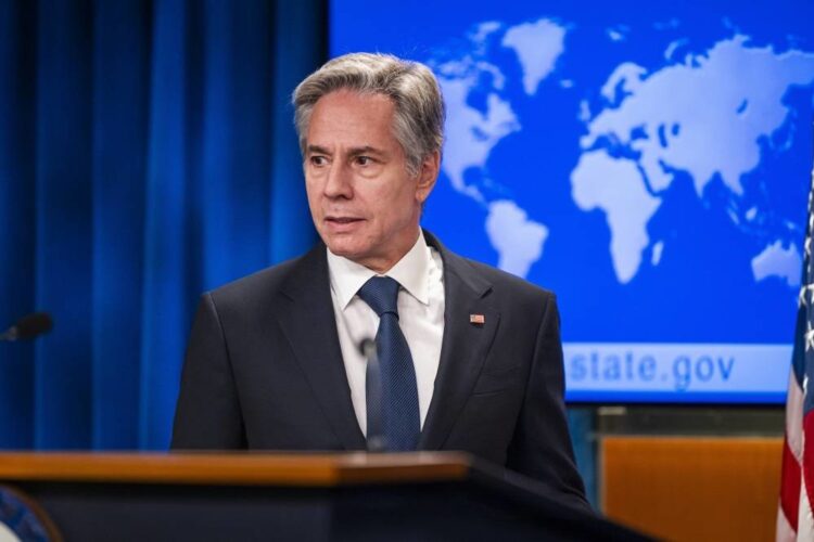 epa10801679 US Secretary of State Antony Blinken speaks to the media at a press conference in the State Department’s briefing room in Washington, DC, USA, 15 August 2023. Blinken answered questions on Niger, Ukraine, and the potential prisoner exchange with Iran.  EPA/JIM LO SCALZO