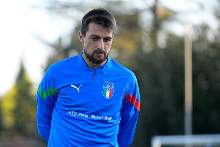 FLORENCE, ITALY - NOVEMBER 14: Francesco Acerbi of Italy looks on during the training session at Centro Tecnico Federale di Coverciano on November 14, 2022 in Florence, Italy. (Photo by Mattia Ozbot/Getty Images)