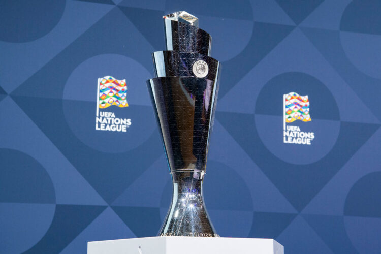 NYON, SWITZERLAND - DECEMBER 16: A view of the UEFA Nations League trophy during the UEFA Nations League 2022/23 League Phase Draw at the UEFA headquarters, The House of European Football, on December 16, 2021, in Nyon, Switzerland. (Photo by Richard Juilliart - UEFA/UEFA via Getty Images)