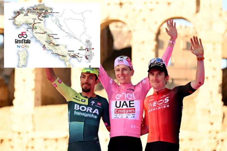 ROME, ITALY - MAY 26: (L-R) Daniel Martinez of Colombia and Team BORA - hansgrohe on second place, overall race winner Tadej Pogacar of Slovenia and UAE Team Emirates - Pink Leader Jersey and Geraint Thomas of The United Kingdom and Team INEOS Grenadiers on third place pose on the podium ceremony after the 107th Giro d'Italia 2024, Stage 21 a 125km stage from Rome to Rome / #UCIWT / on May 26, 2024 in Rome, Italy. (Photo by Tim de Waele/Getty Images)