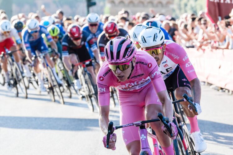ROME, ITALY - 2024/05/26: Tadej Pogacar of Slovenia and UAE Team Emirates - Pink Leader Jersey competes during the 107th Giro d'Italia 2024, Stage 21 a 125km long Roma-Roma. Tadej Pogacar (UAE Team Emirates) has won the 107th Giro d'Italia, wearing the final Maglia Rosa of the General Classification leader. Daniel Felipe Martinez (Bora ñ Hansgrohe) and Geraint Thomas (Ineos Grenadiers) finished second and third. Tim Merlier (Soudal Quick-Step) has won Stage 21, the 125km long Roma-Roma. (Photo by Stefano Costantino/SOPA Images/LightRocket via Getty Images)